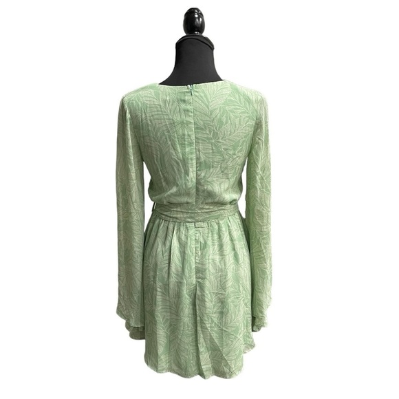 Aura Green Leaf Print Mini Dress with Bell Sleeves and Tie Waist | Size Small - Picture 3 of 11